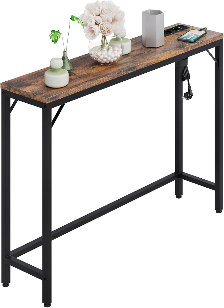 Smalle Consoletafel met Oplaadstation - 100 x 23 x 80 cm - Sidetable met 2 Stopcontacten & 2 USB-poorten - Industrieel Vintage Bruin - Wandtafel voor Hal & Woonkamer