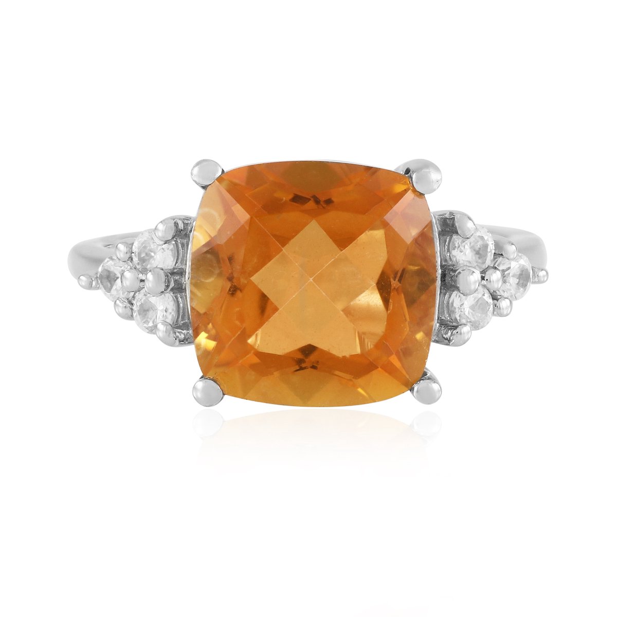 Cavill - Zilveren Ring 925 Sterling met 3,56 ct Oranje Kwarts en Zirkonen - Platina Finish - Antiek Kussen Slijpsel - Elegante Sieraden