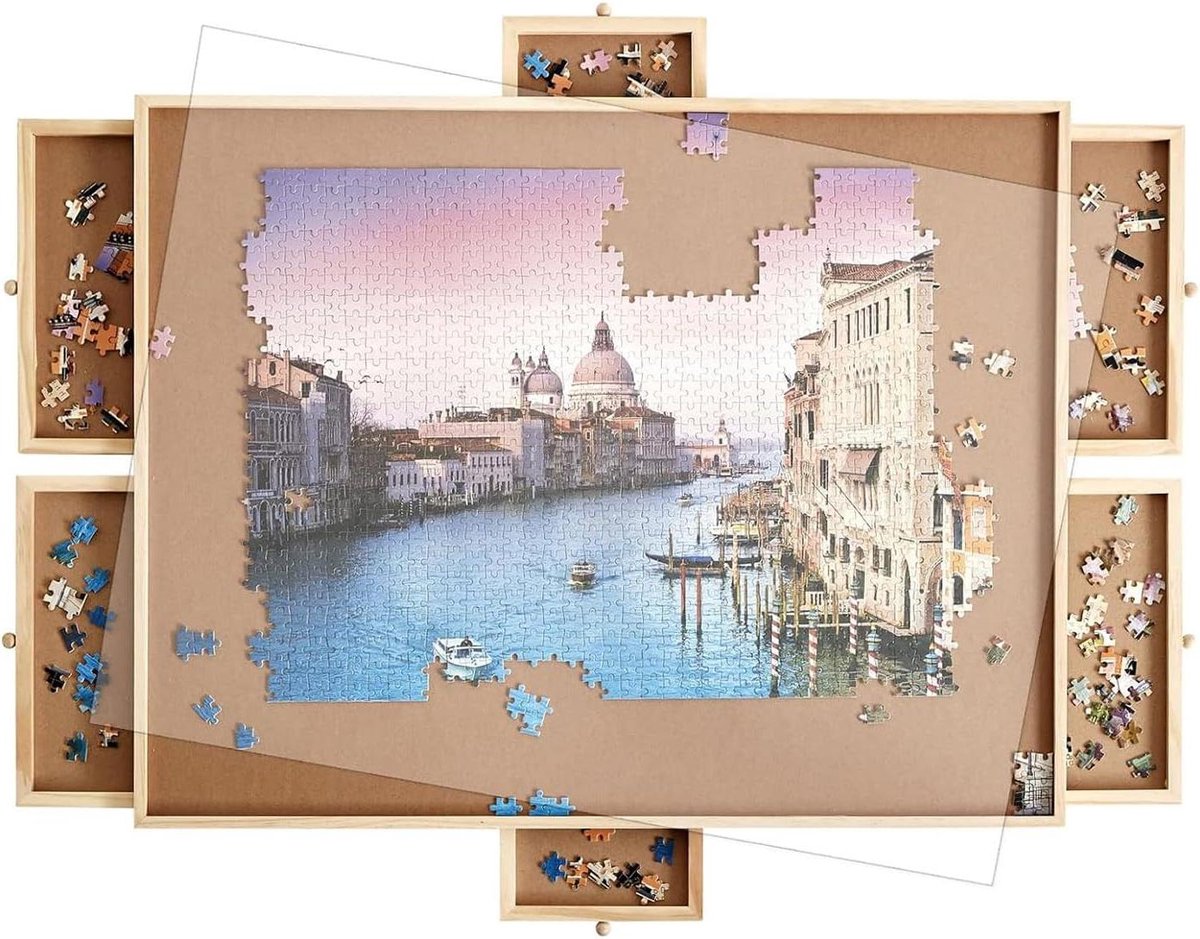 Puzzelbord met Opberg - Puzzelplaat Sorteerbakjes - Ontspannen Puzzelen - Ruimte voor 1500 stukjes - 89x68 cm - Houtkleur