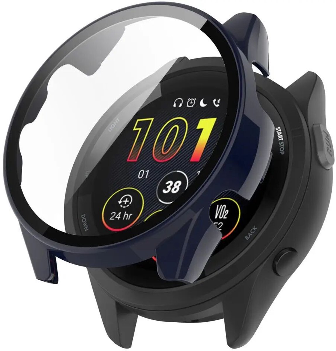 Hoesje met Ingebouwde Tempered Glass Geschikt voor Garmin Forerunner 165 - Smartwatch Hoes met Screen Protector - Hard Plastic Bumper Case - Blauw