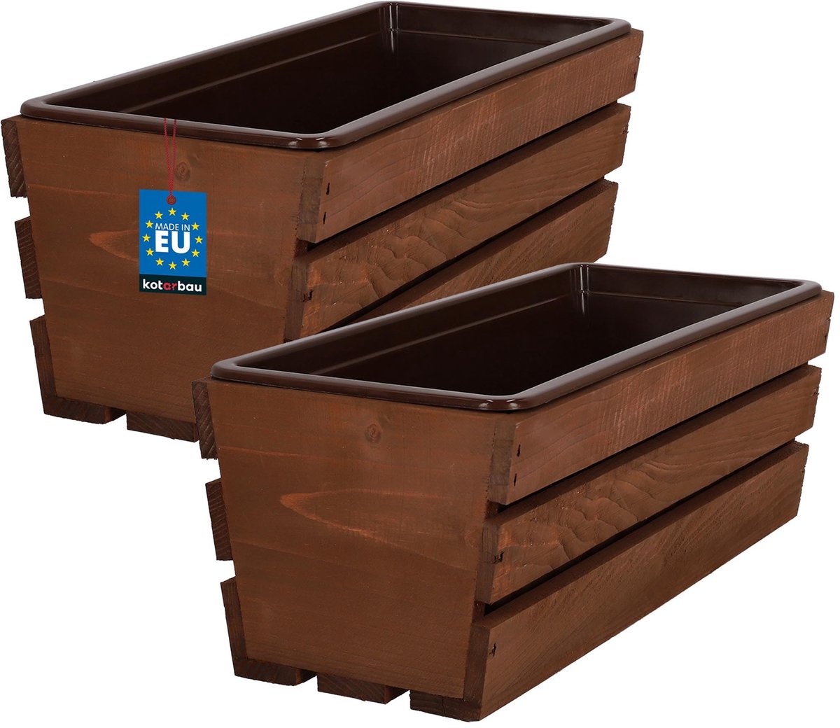 KOTARBAU® 2 Stuks - Houten Plantenbak - Bloembak Hout - met Kunststof Inzetstuk - Balkonbak - 40 x 18 x 15 cm - Bruin - voor Terras - Balkon - Deko Planten