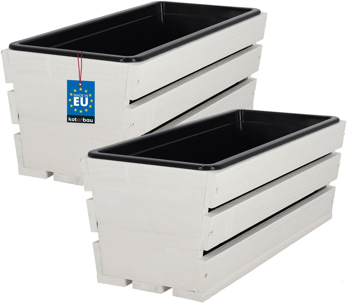 KOTARBAU® 2 Stuks - Houten Plantenbak - Bloembak Hout - met Kunststof Inzetstuk - Balkonbak - 40 x 18 x 15 cm - Wit - voor Terras - Balkon - Deko Planten