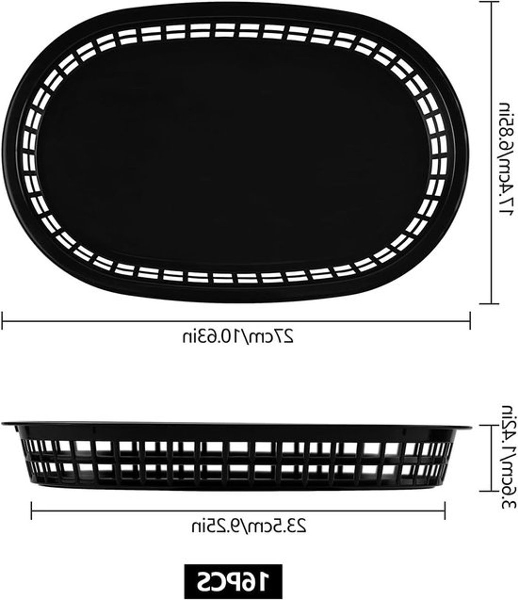 16 Stuks Herbruikbare Ovalen Zwarte Fruitmanden 27 x 17 cm voor Snacks, Feestjes en Picknicks, Ideaal voor BBQ en Tuinfeestjes