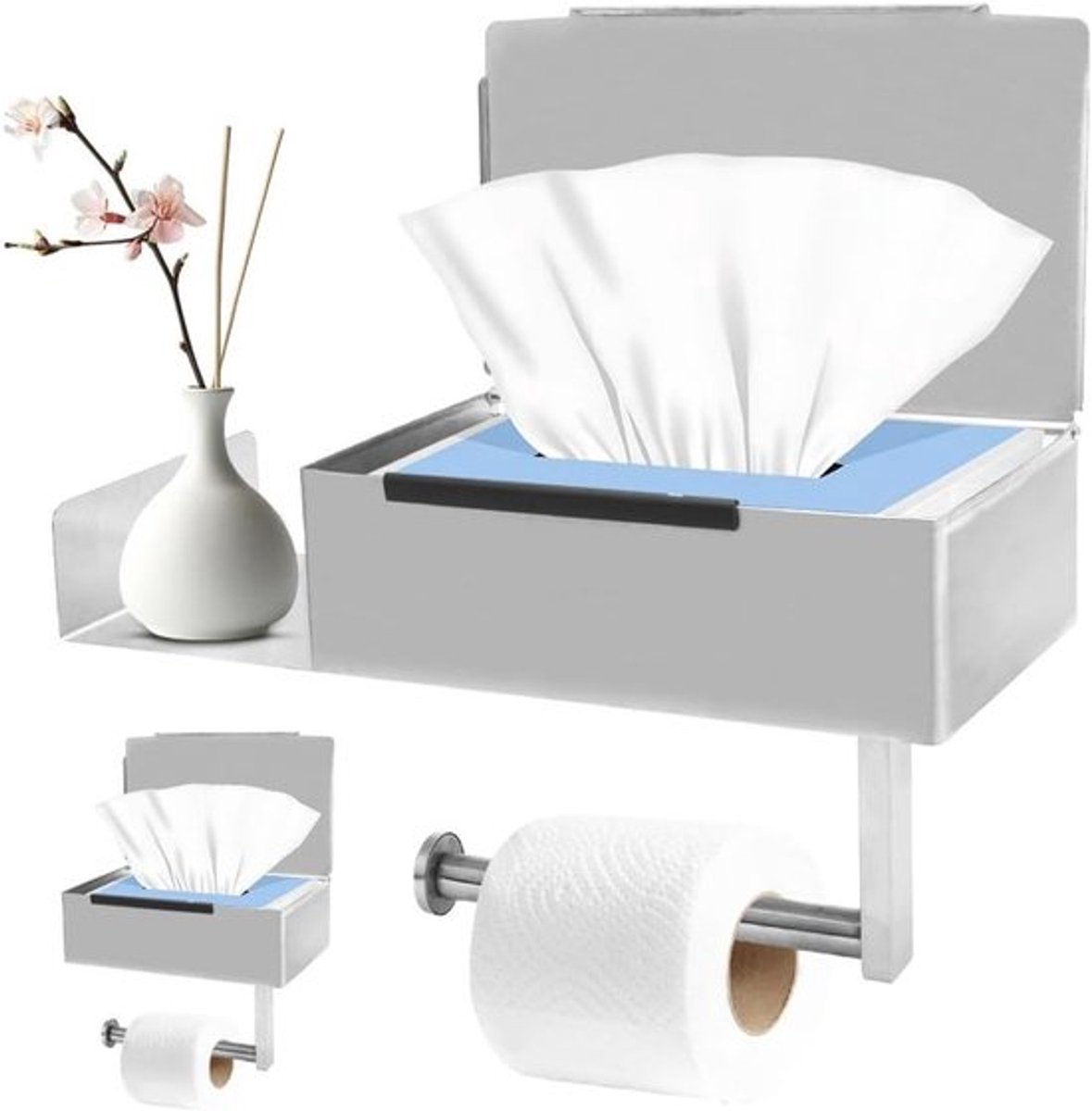 Toiletpapierhouder zonder boren met opbergrek en doos voor vochtige doekjes, roestvrij staal voor badkamer en keuken, ruimtebesparend en praktisch
