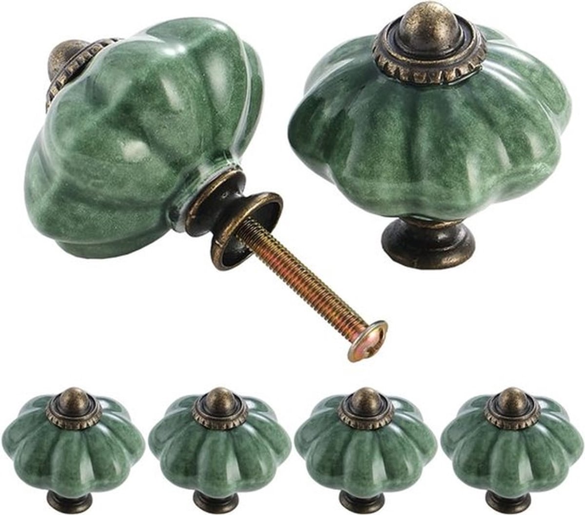 6 Stuks Keramische Kastknoppen - Antieke Pompoen Handgrepen voor Keuken, Ronde Deurklinken in Groen, Perfect voor Meubels