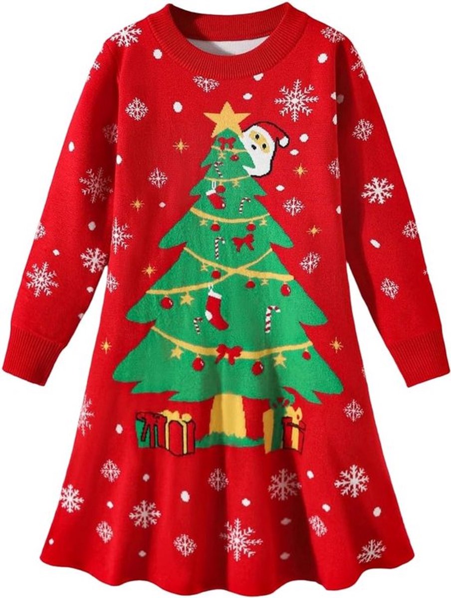 Schattige kersttrui jurk voor meisjes met lange mouwen, gebreide stof en leuke kerstprint voor de winter