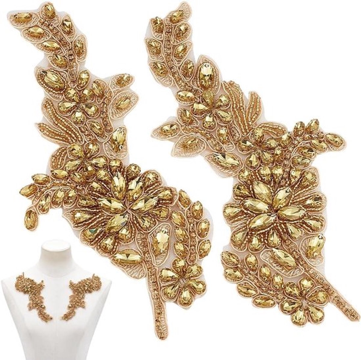 2 stuks rhinestone sash-patches, geborduurde bloemenapplicaties met 3D-effect voor bruidskleding, kledingdecoratie en DIY-projecten, goudkleurig