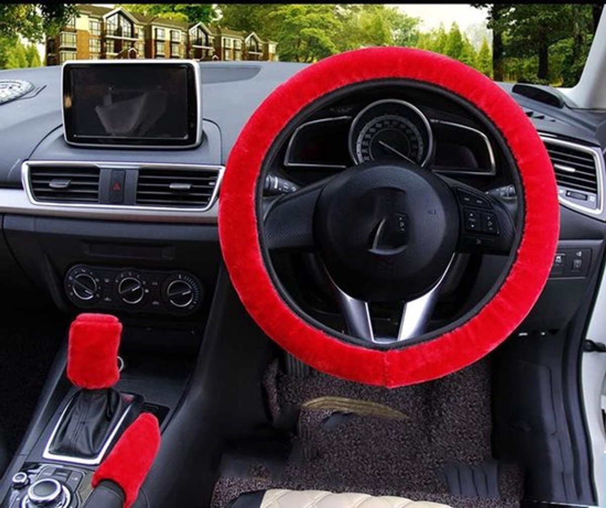 Pluche Stuurwielhoes voor Auto, 3-delige Set met Handrem- en Versnellingspookhoes, Warme Winteraccessoires, Rood, 38 cm, Polyester, Comfort en Stijl voor Vrouwen