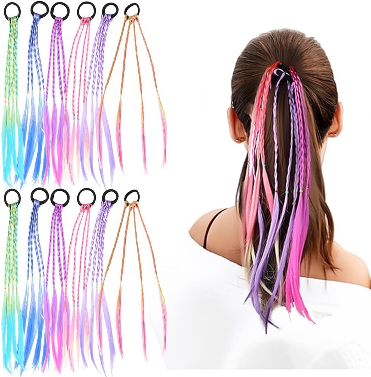 SnelShoppen - 12 Kleurrijke Kinder Haarstrengen, Vlechtstukken, Haaraccessoires met Elastische Band, Kleurverloop, Geschikt voor Feest en Verjaardag,