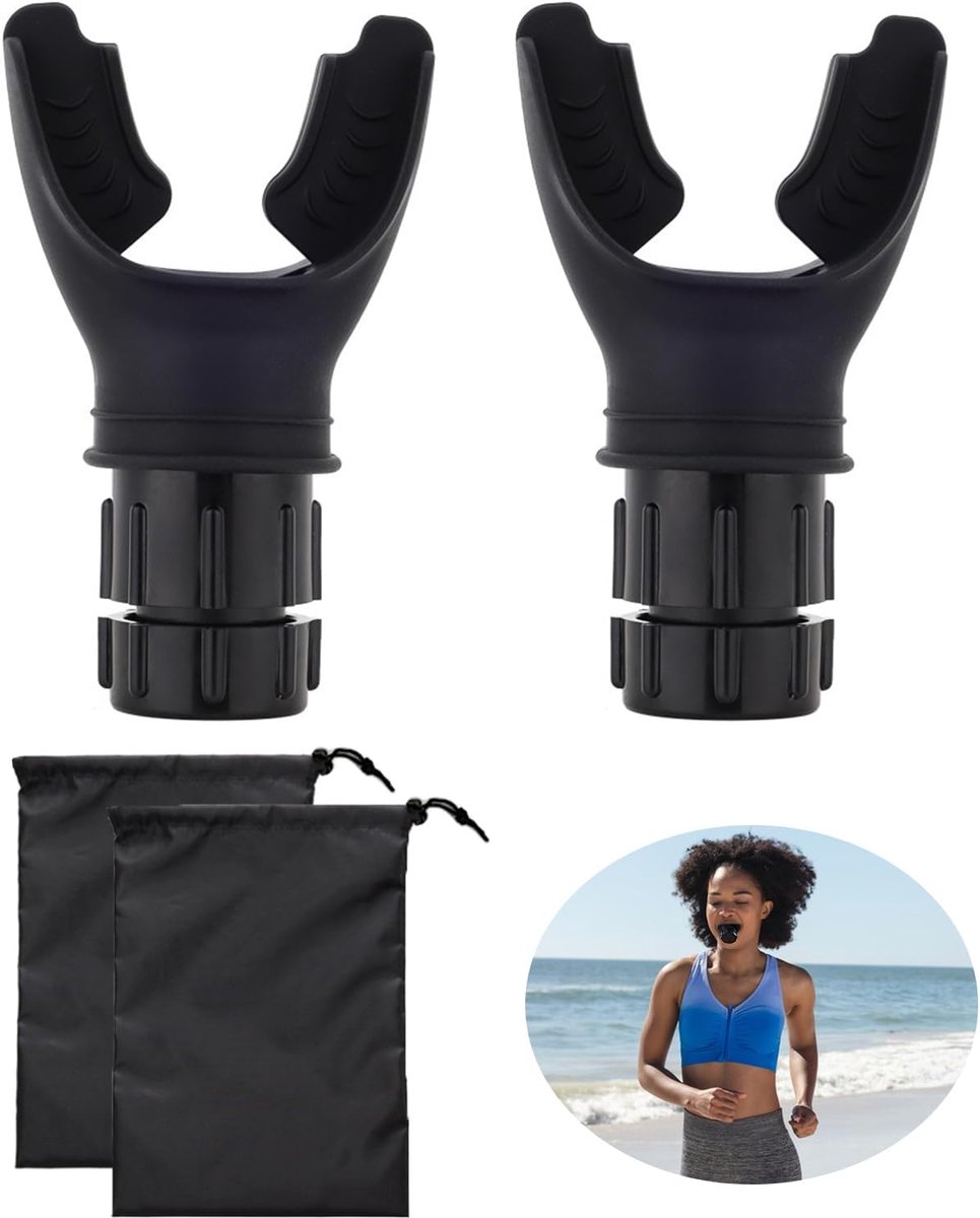 SnelShoppen - 2 stuks siliconen ademhalingstrainer met 2 zwarte opbergtassen, verstelbare en draagbare longtrainer voor ademhalingstherapie, sport en
