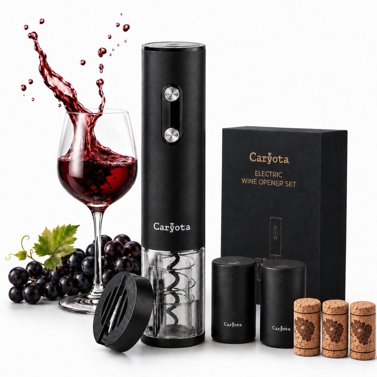 Caryota Luxe Elektrische Kurkentrekker - 4 in 1 Wijnopener Set - USB-C Oplaadbaar - Foliesnijder - 2 Automatische Vacuümstoppers - Cadeauset