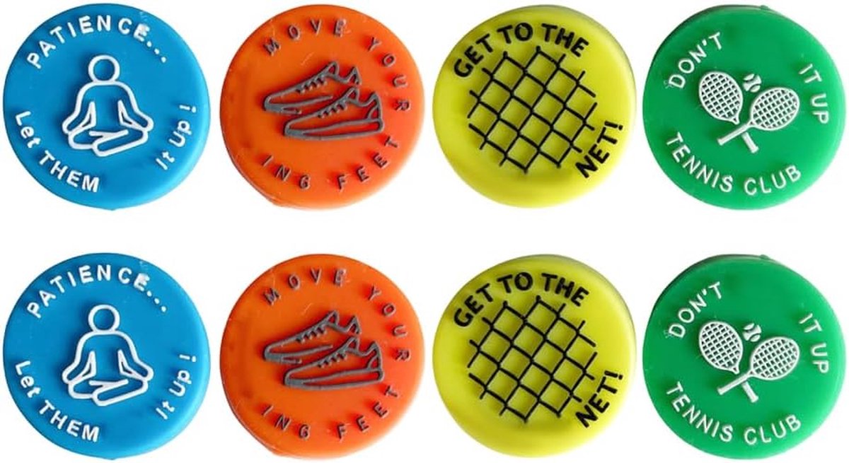 SnelShoppen - 8 Stuks Tennisracket Dempers met Grappige Slogans - Siliconen Tennis Racket Accessoires voor Vibration Dampening - Kleurrijke Sport Gadg