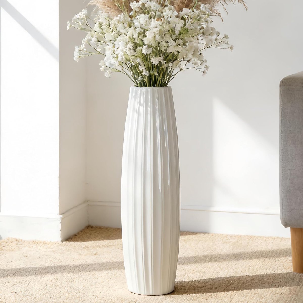 SnelShoppen - Hoge Witte Keramische Vaasje 71cm - Decoratieve Vaas voor Bloemen, Tafeldecoratie, Woonkamer, Drogen Bloemen, Origami Design