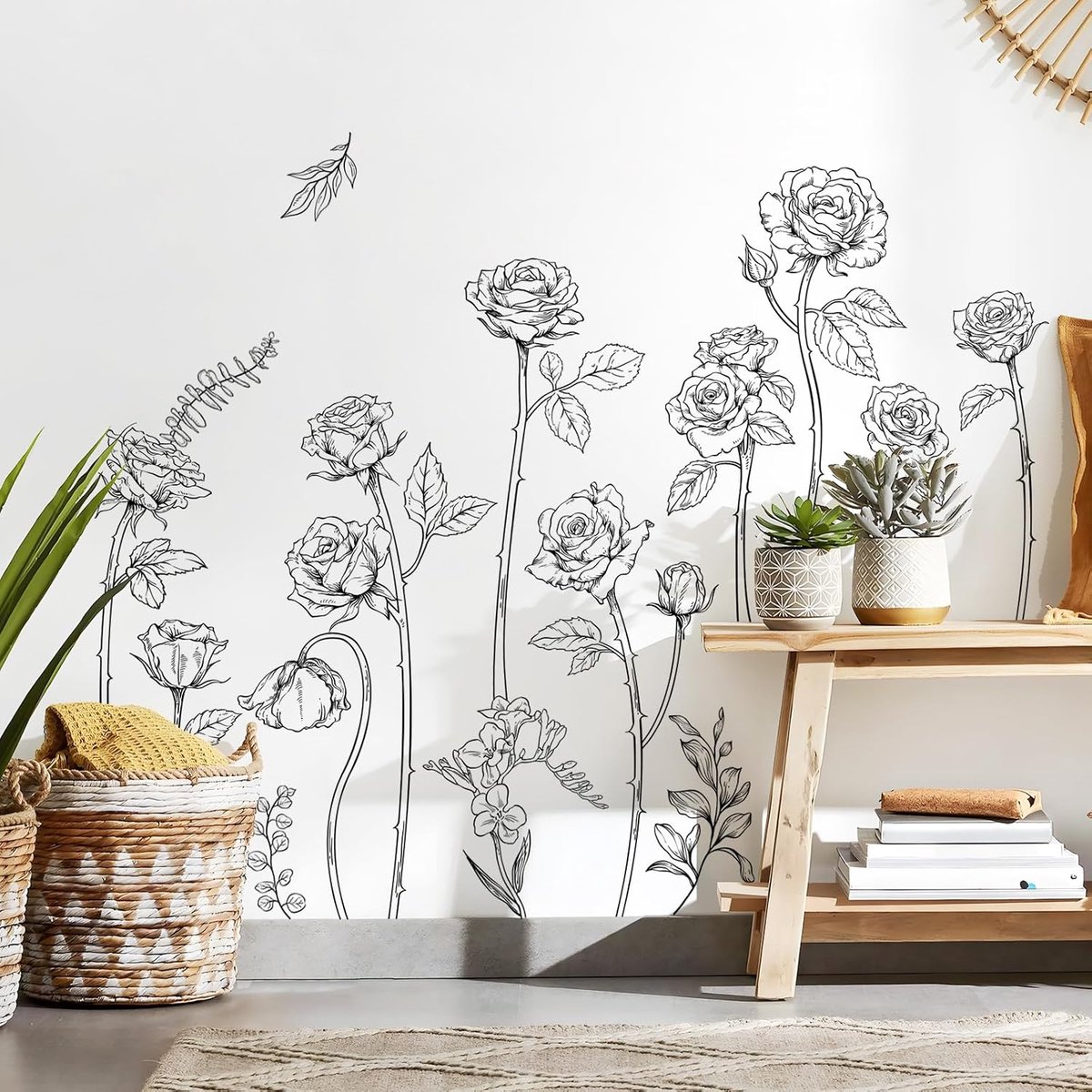 SnelShoppen - Vintage Zwarte Rozen Muurstickers - Waterdichte Zelfklevende Wanddecoratie - Mat Vinyl met Textuur - Voor Slaapkamer, Woonkamer, Kantoor