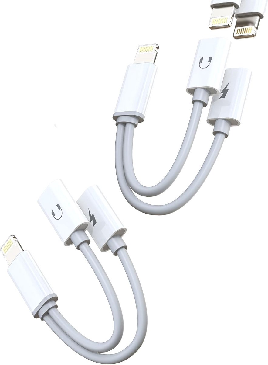 SnelShoppen - Lightning Jack Adapter 2 in 1 (2 stuks) voor iPhone 11 12 13 14 Pro - Oordopjes, Oplaadkabel, Dual Audio Plug, AUX voor Apple Connector,