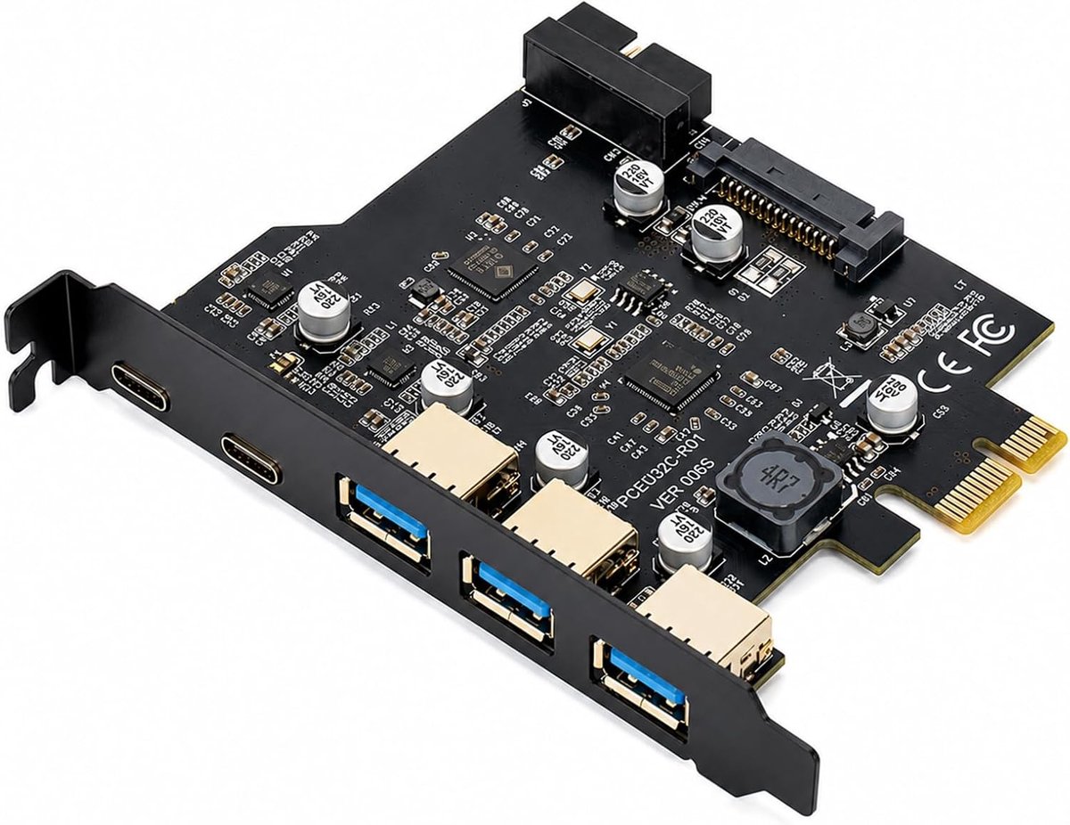 SnelShoppen - PCIe USB 3.2 Kaart met 5 Poorten, 3 USB-A en 2 USB-C, 20Gbps Bandbreedte voor Desktop PC, Geschikt voor Linux en OS X