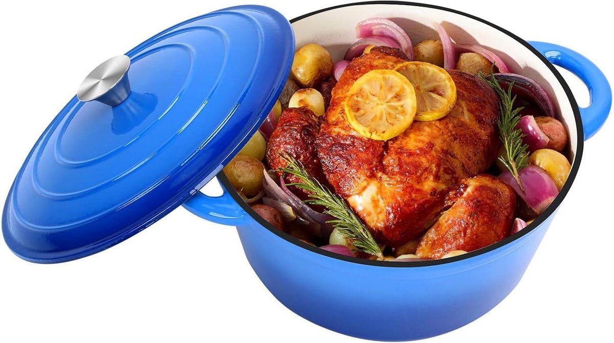 Gietijzeren Stoofpan - Dutch Oven - Langzaam Garen - Zelfroostend Deksel - 28 cm 5.7 Liter - Blauw