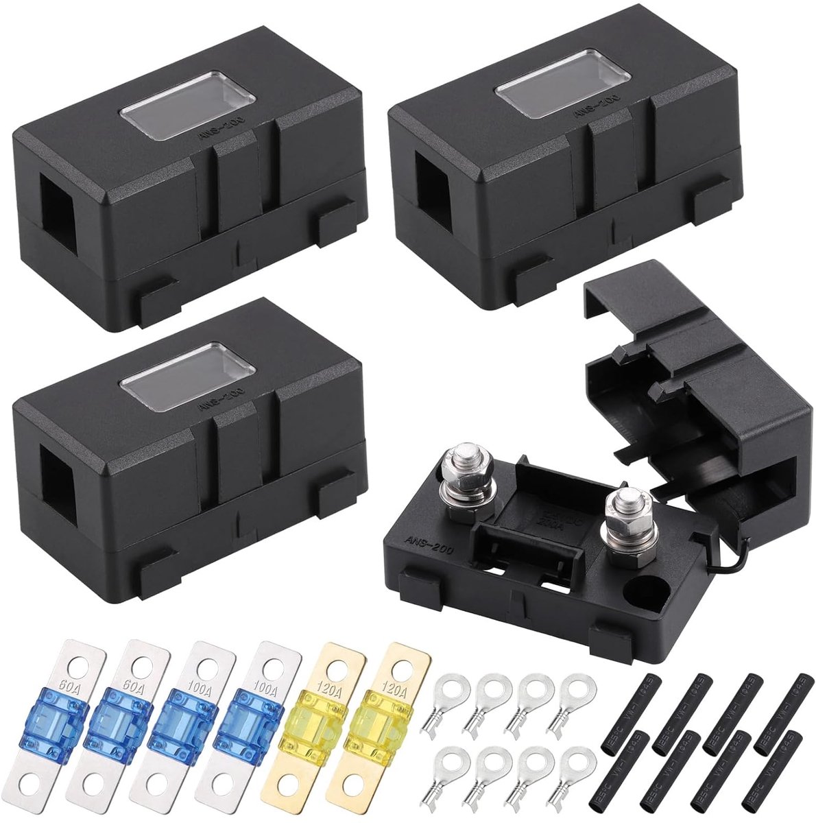 SnelShoppen - Auto Fuse Holder Set 4 Stuks met Midi Fuses 60A, 100A, 120A en 8 Platte Stekkers - Veilig en Betrouwbaar voor Auto, Vrachtwagen en Voert