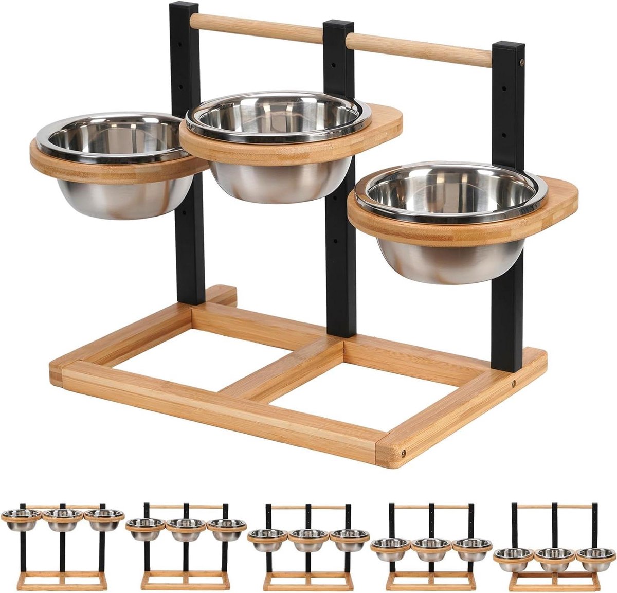 Honden voerbak - Verhoogde bak - Comfortabel eten - 5 Hoogtes instelbaar - 3 x 1.4L - Houtkleur