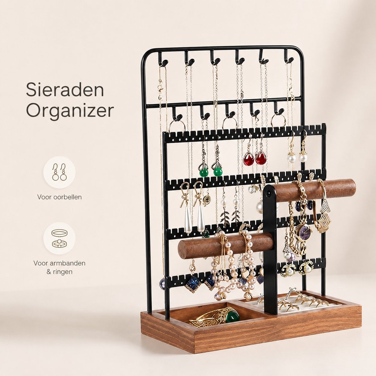 Arvion Houten Sieradenhouder Standaard - 3-lagig met Ringbasis - Organizer voor Kettingen, Ringen, Armbanden en Oorbellen - Antislip Design - Eenvoudig te Monteren