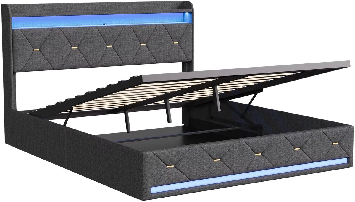 Gestoffeerd Tweepersoonsbed 160x200 cm Grijs - met LED Verlichting, Opbergruimte
