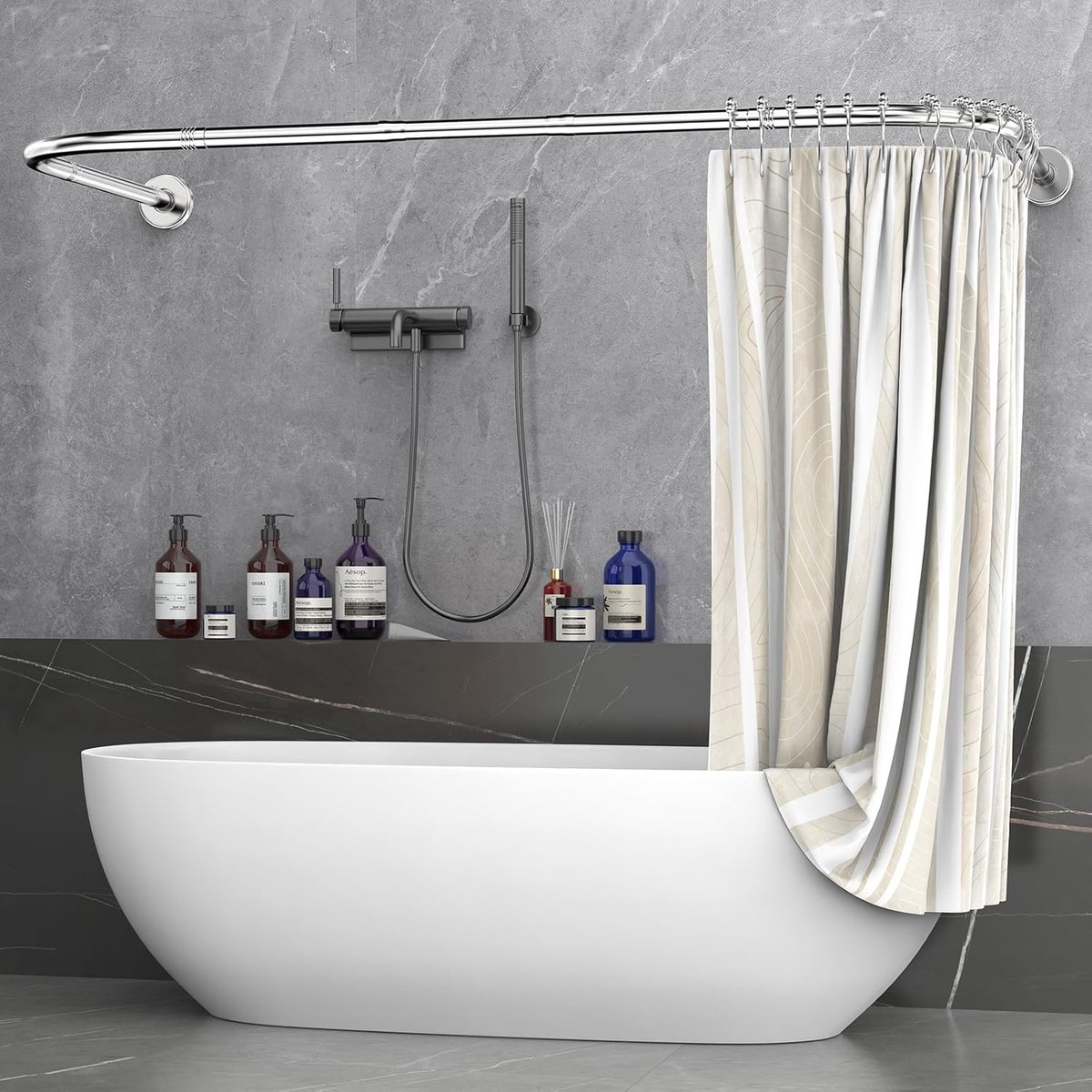 Douchegordijnstang hoekspanner U/L-vorm 75x(150-190)x75cm - RVS verstelbaar - Inclusief 24 ringen - m-winkel
