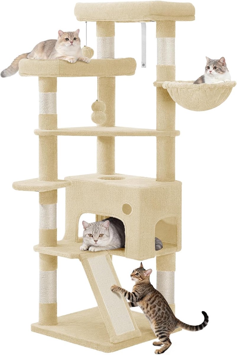 Hzuaneri Krabpaal 153 cm kattenboom, ruim en stabiel, met 6 krabpalen, 1 comfortabel groot kattenhuis, 3 grote platforms, kattenmand, pompons, scratching board, beige