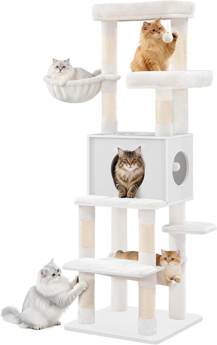 Hzuaneri Grote krabpaal, 166 cm hoog, met 8 krabpalen, verwijderbare en wasbare mat, 1 grot, 2 platforms, 1 kattenmand, hangmat en 2 pluche ballen, wit
