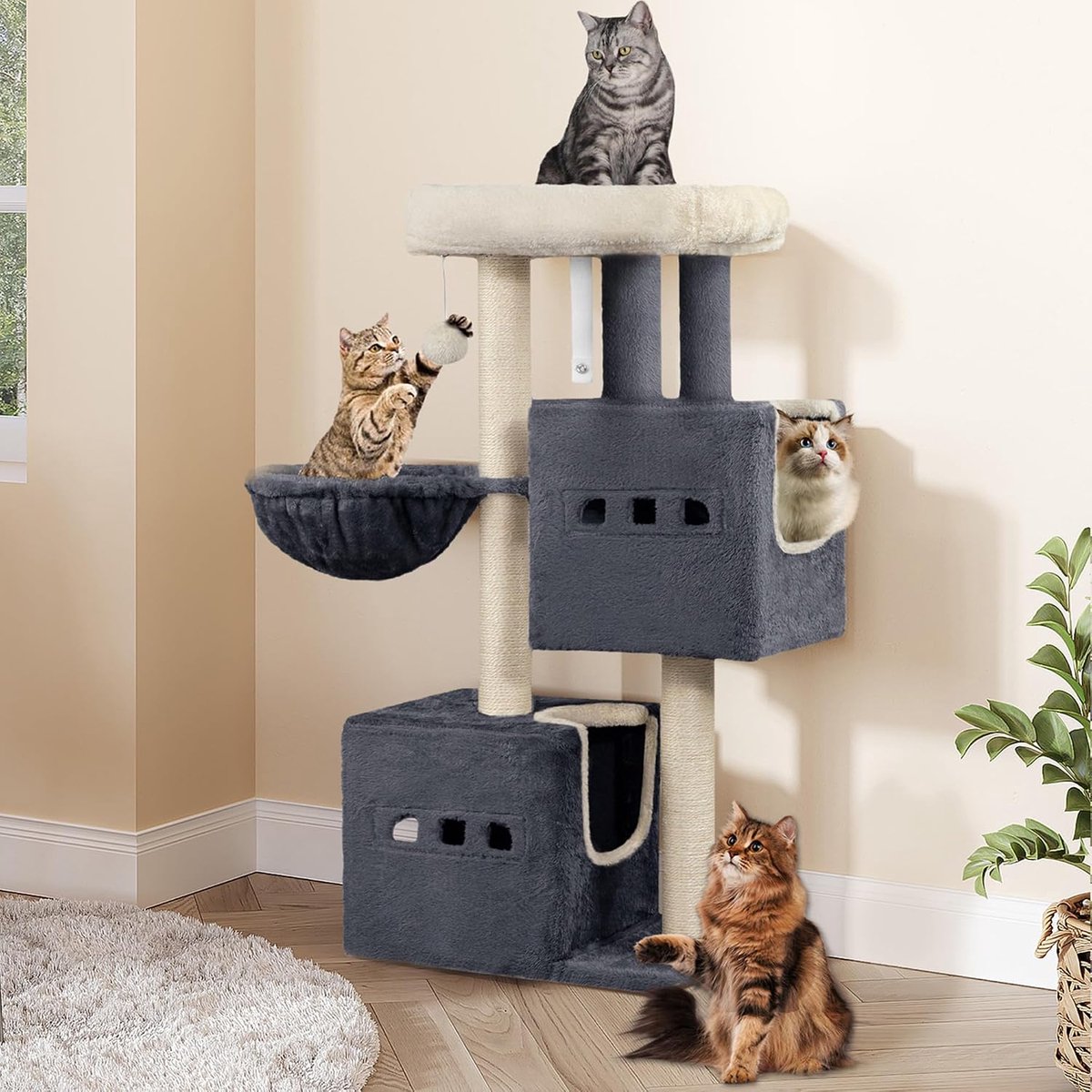 Hzuaneri 98 cm Krabpaal, kattenboom, kleine krabpaal met meerdere verdiepingen met zitstang, kattenhuismeubel met 2 holten, sisal kattenkrabpaal, hangmat, hol, Donkergrijs