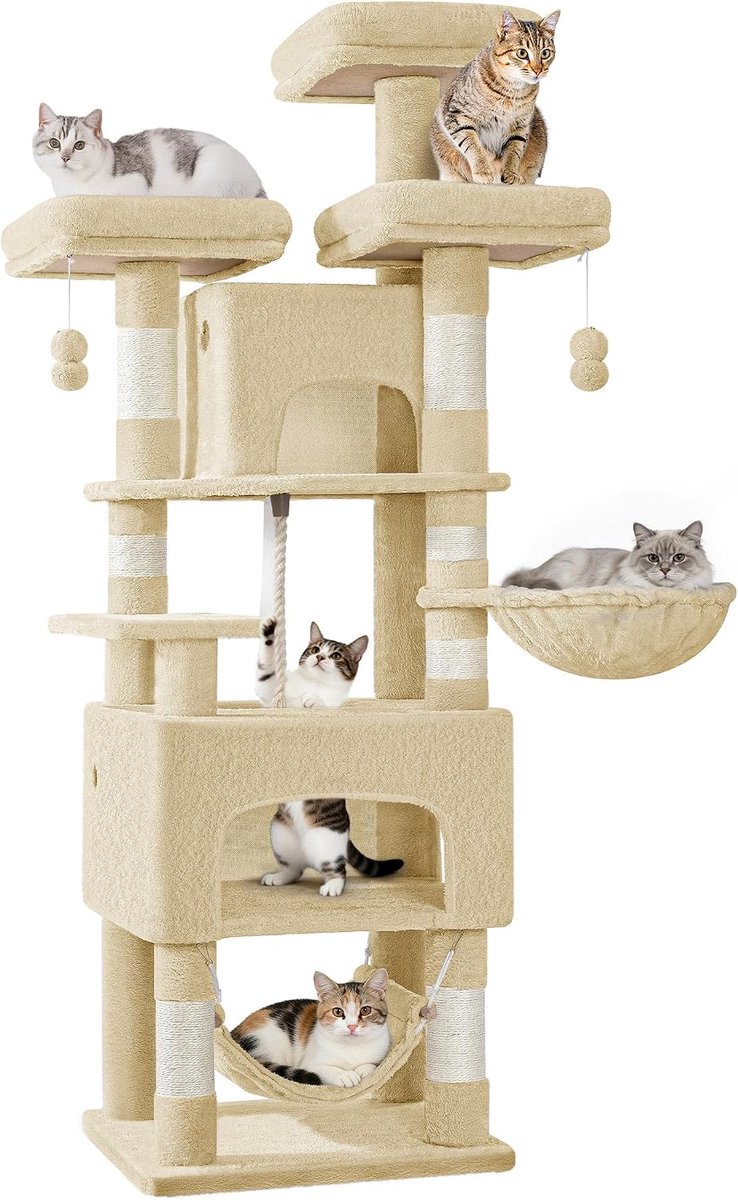 Hzuaneri krabpaal, 156 cm, groot, 3 platforms, 2 holen, 7 krabpalen, hangmat, pluche ballen, krabpaal voor huishoudens met meerdere katten, beige