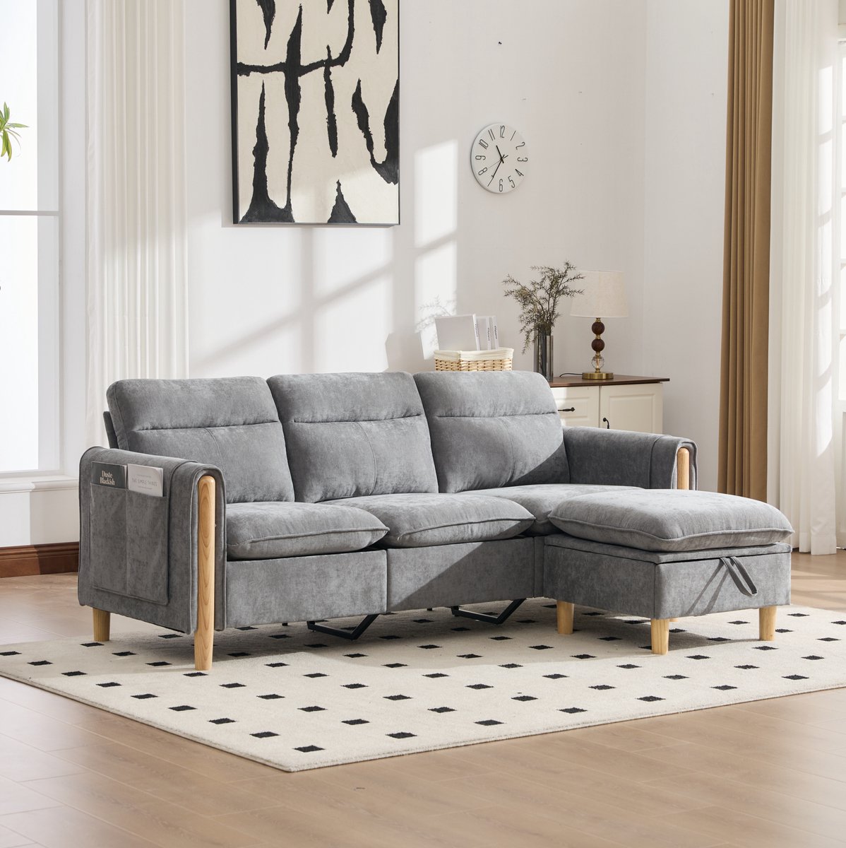 MEUNIQ Hoekbank 3-zits met opberghocker, zijvakken en houten poten in lichtgrijs, Scandinavische stijl voor de woonkamer