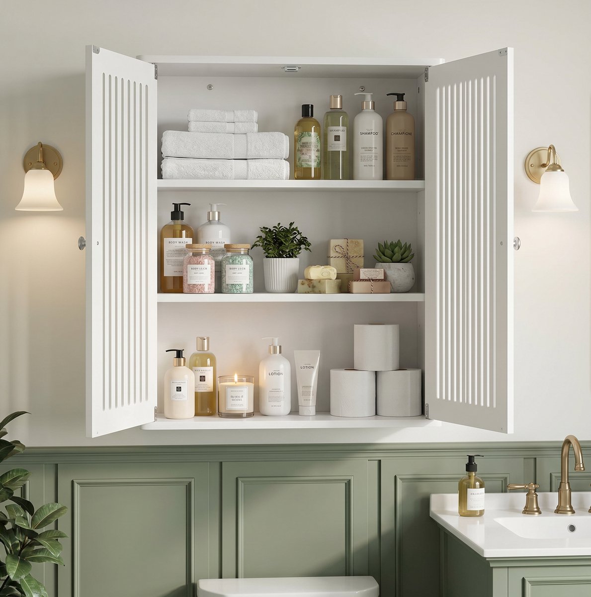 FloraGrace Wandkast - Dubbele Deuren Met Lamellenfront En Wandmontage - Voor Badkamer En Hal - MDF En Spaanplaat - Wit - 60x20x52 Cm