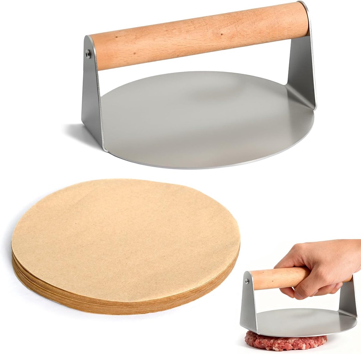 SnelShoppen - Burger Mould Set 16 cm, Hamburgerpers met 200 Stukken Vleesseparator 16 cm, Keukenaccessoires, RVS, Ideaal voor BBQ, Feest en Camping