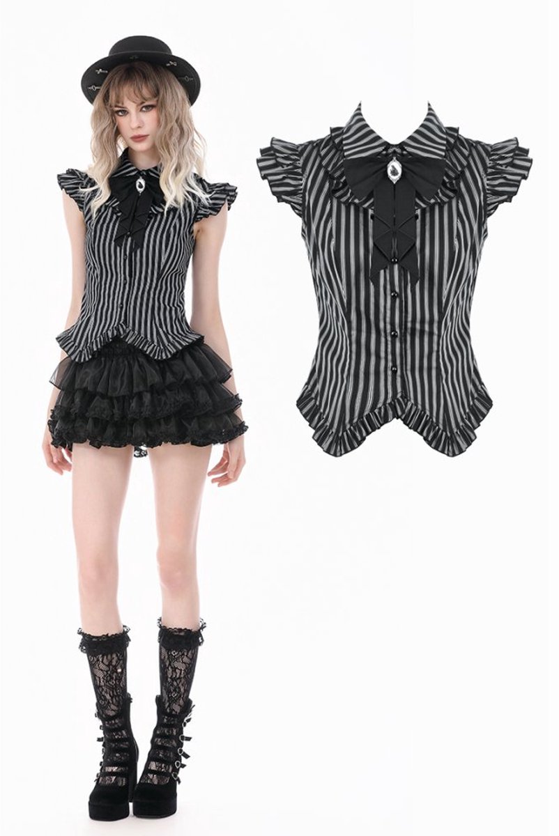Dark in Love - Gothic Striped with Crow Emblem, Ruffled Wing Sleeves and Victorian Swallowtail Hem Blouse - M - Zwart/Grijs