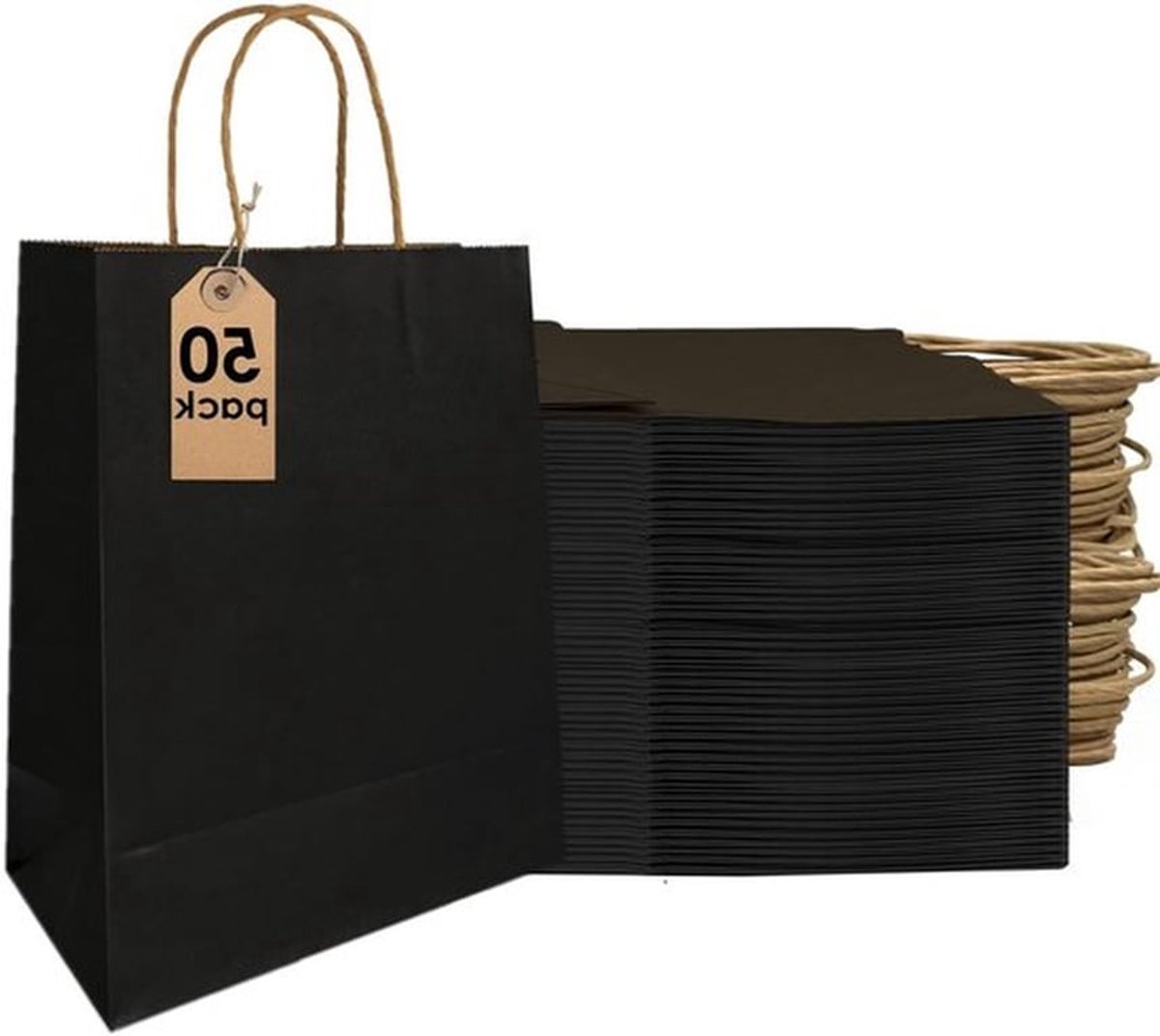 Grote herbruikbare kraftzakjes met handgrepen, 27 x 14 x 21 cm, ideaal voor feestjes, cadeauverpakking en winkelen, 50 stuks