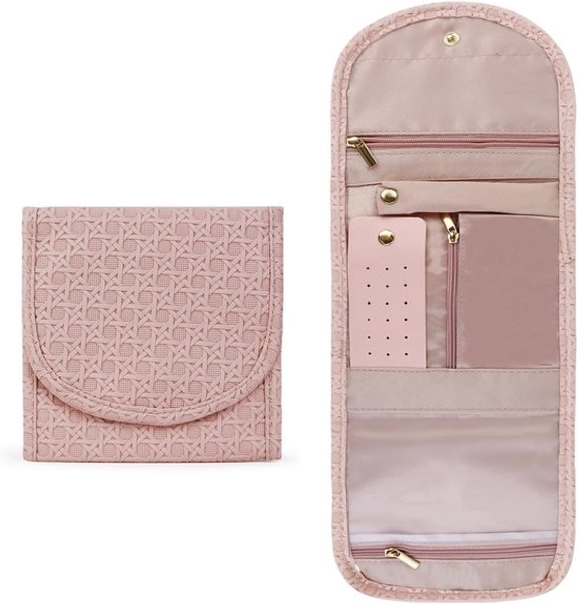 Compacte Reistas voor Sieraden met Oorbelstandaard en Ringhouder, Vouwbare Sieradenopberger voor Ringen, Oorbellen, Kettingen en Armbanden (Roze)