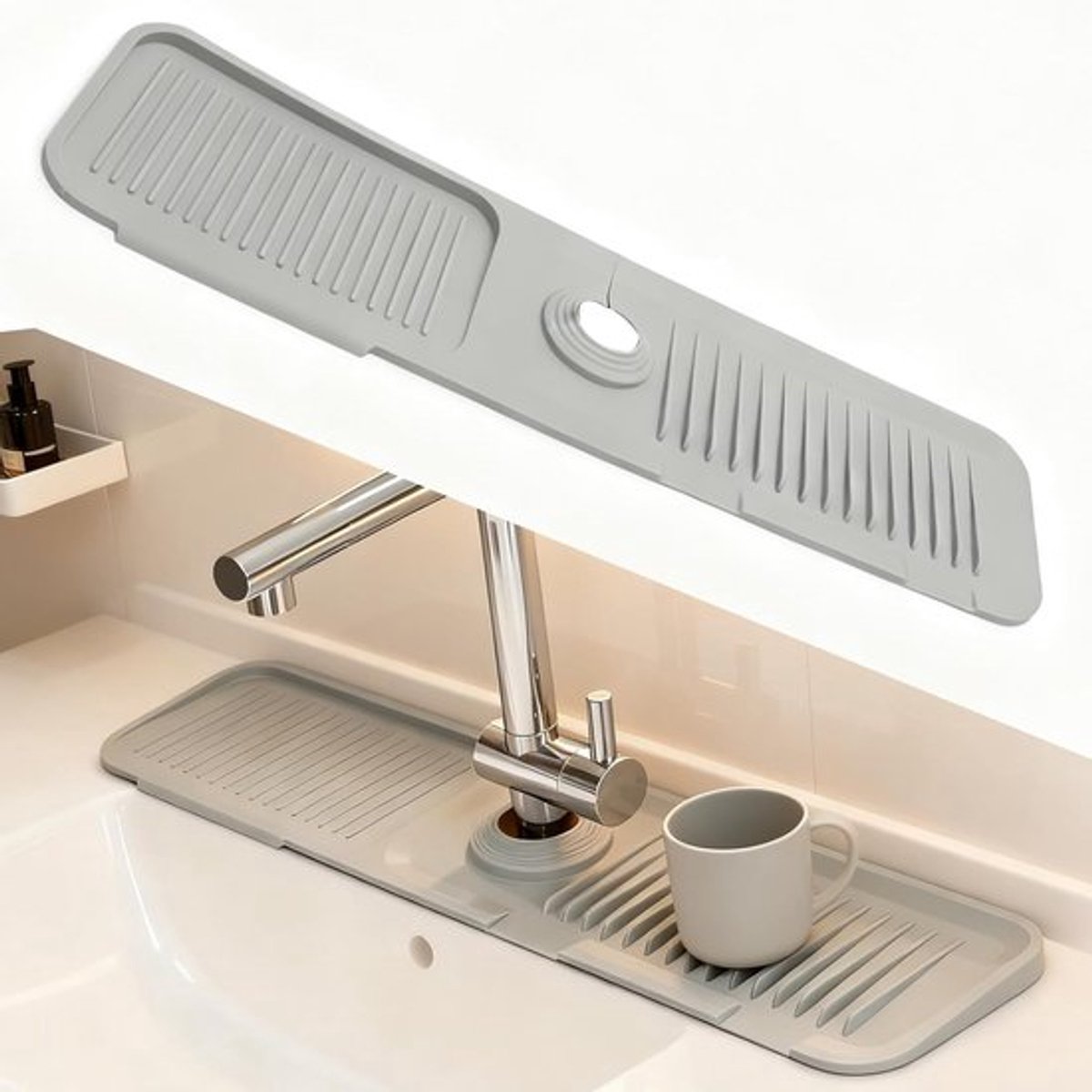 Waterkraan spatscherm en afvoermat van siliconen voor keuken en badkamer, grijs, 60 × 14 cm - Bescherming tegen water en vlekken