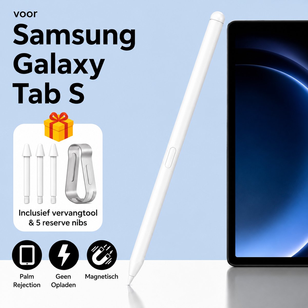 Stylus Pen voor Samsung Galaxy Tab S - Witte – Palm Rejection – Magnetisch – Met Wisserknop – Zonder Bluetooth of Opladen – Inclusief 3 Reserve Nibs – Compatibel met S6 Lite / S7 / S8 / S9 / S10