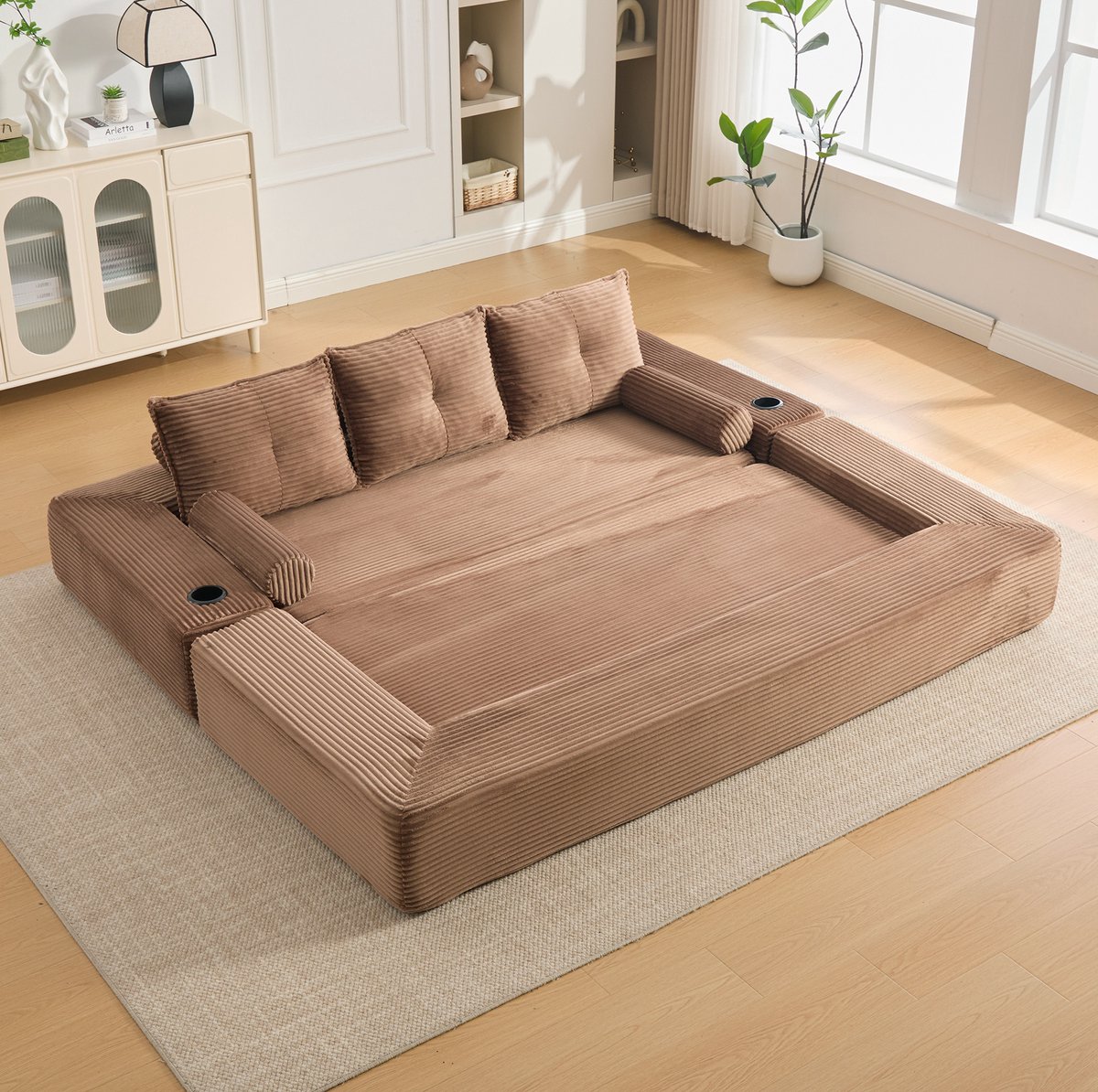 MEUNIQ 3-zits slaapbank 232 x 98 x 80 cm in corduroy, bruin, met slaapfunctie, zijvakken, cupholder en memory-kussens voor woonkamer of appartement Brown