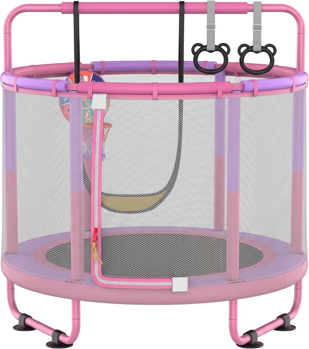 SnelShoppen - Kindertuin Trampoline met Veiligheidsnet, Schommels, Roestvrijstalen Zippers, Voor Binnen en Buiten, Roze-Paars, Perfect Cadeau voor Kin