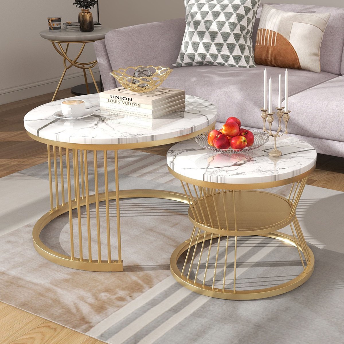 Ronde Salontafel Set van 2 – Marmerlook Nesting Tafels met Gouden Metalen Frame – Luxe MDF Koffietafel Set met Opbergplank – Wit