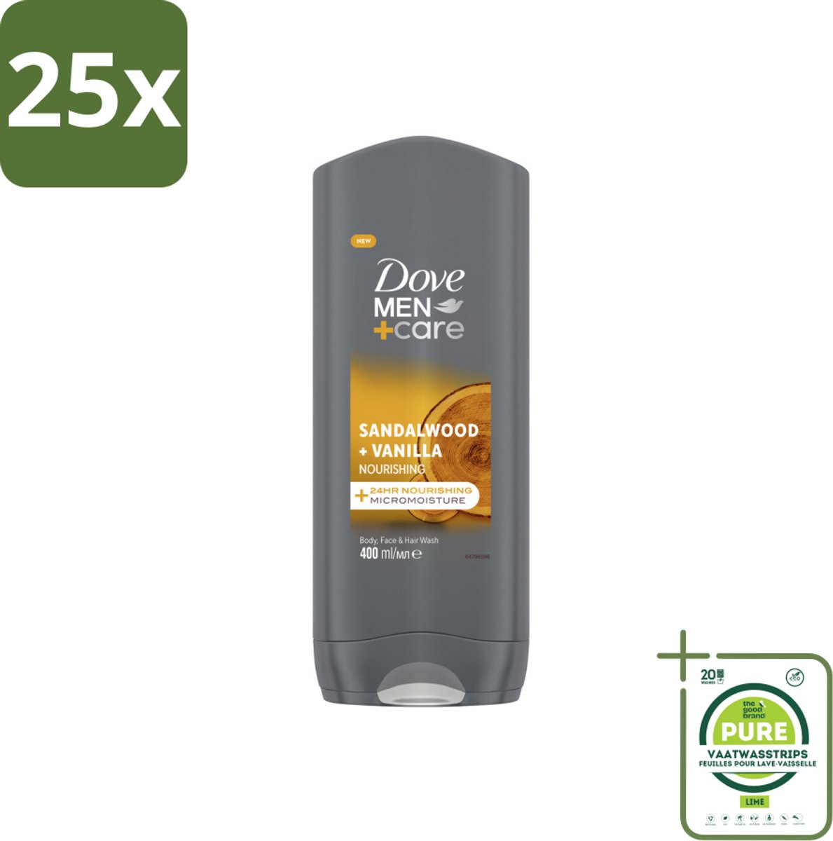 25 x Dove – Douchegel – Men+Care Sandalwood & Vanilla – 400 ml - Grootverpakking - Douchegel Mannen - Reiniging Mannenhuid - Hydraterende Douchegel - Sandelhout Geur - Vanille Geur