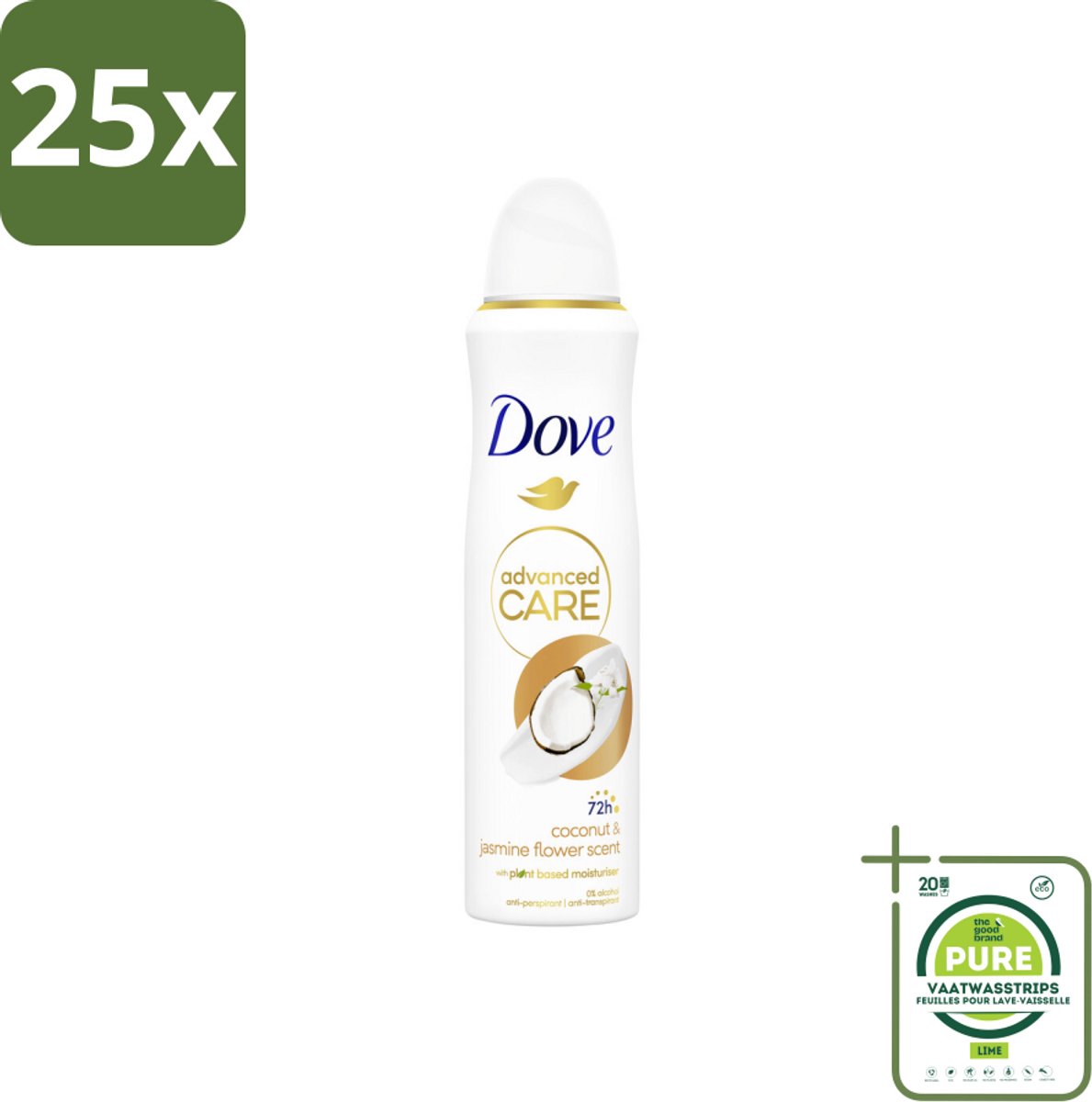 25 x Dove Deodorant Spray - Advanced Care - Kokos & Jasmijnbloem - 150 ml - Grootverpakking - Deodorant Spray - Anti-transpirant - Kokos - Jasmijn - Langdurige Frisheid
