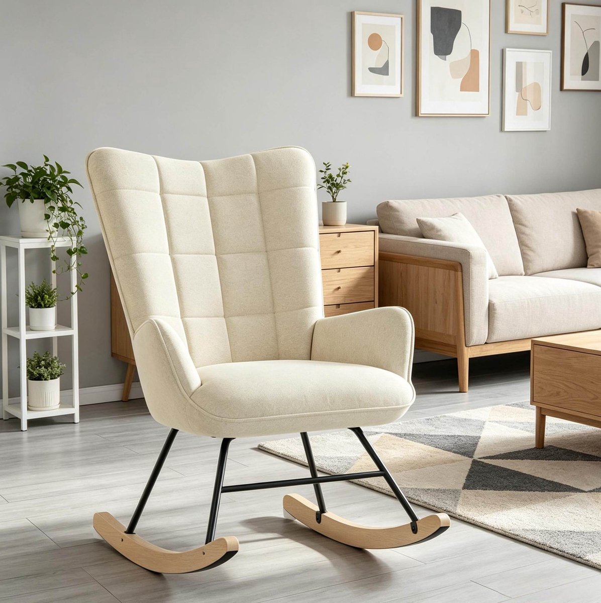COVREO Schommelstoel 95 x 67,5 cm beige, velvet en hout met armleuningen