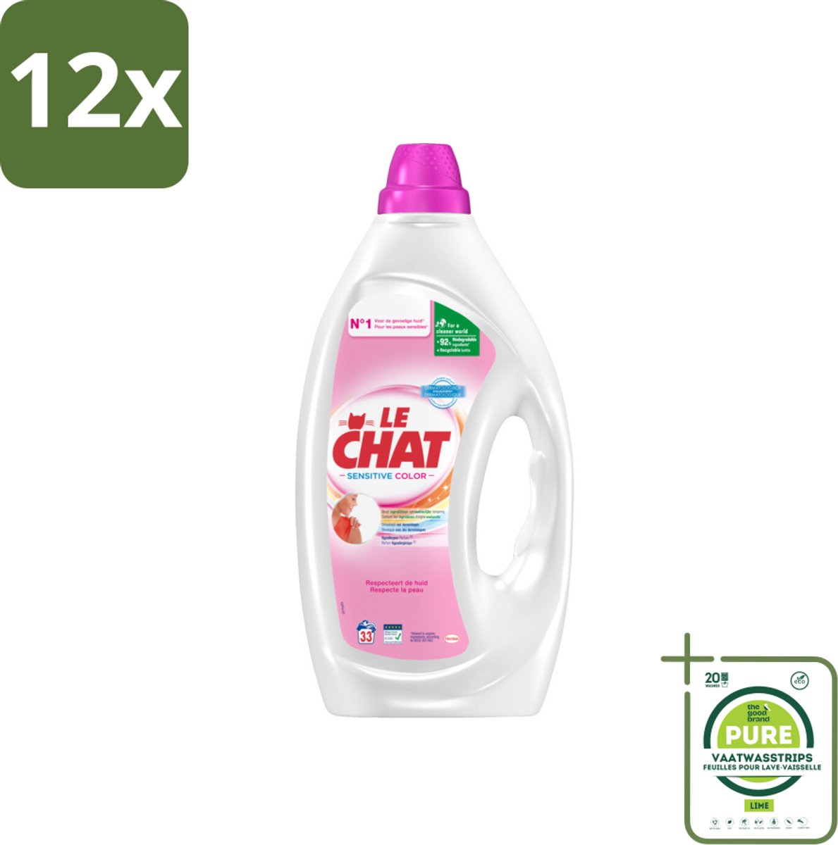 Le Chat – Vloeibaar Wasmiddel – Sensitive Color – 1,485 L - Voordeelverpakking - 12 stuks - Gevoelige huid - Hypoallergeen