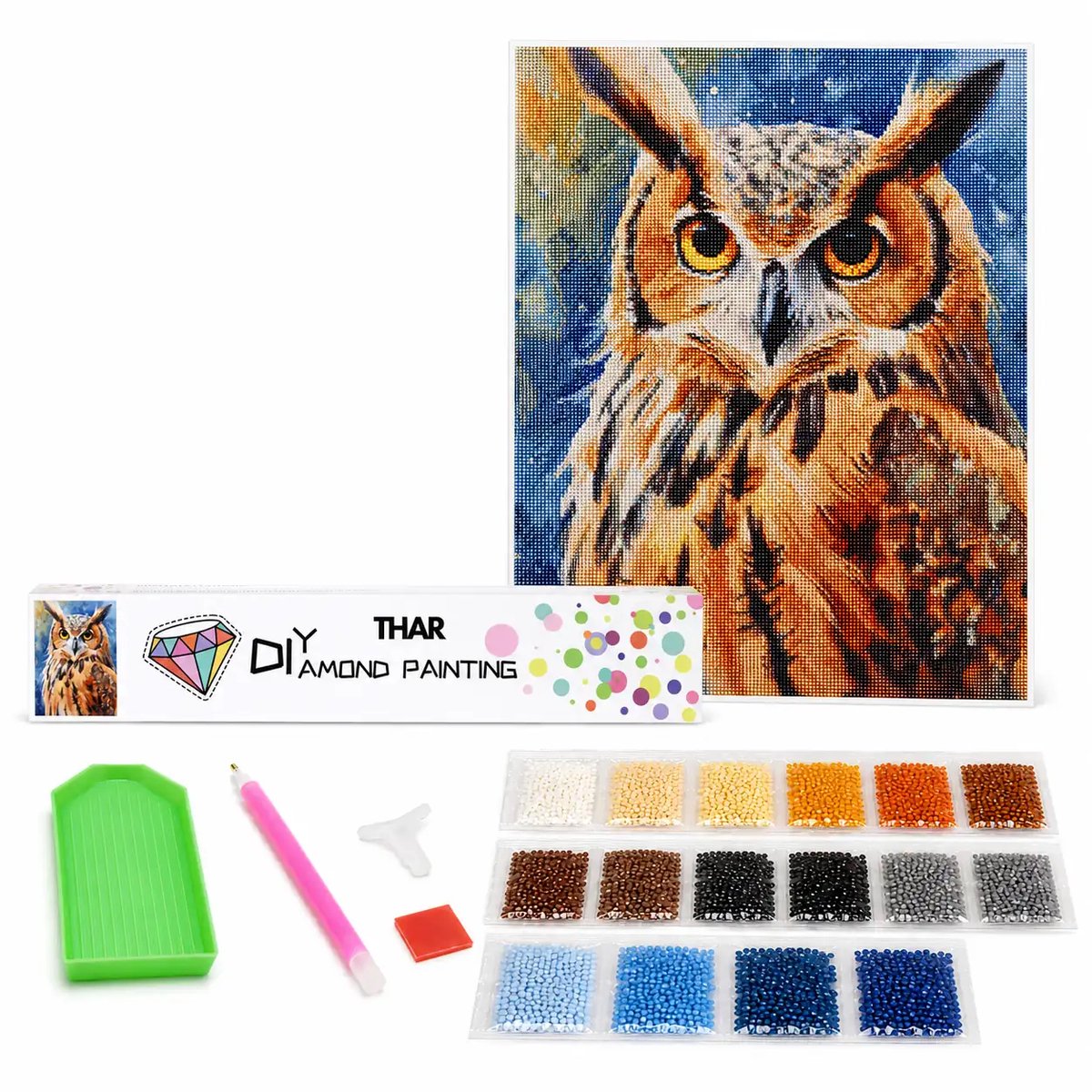 THAR Diamond Painting Uil - 40x50 cm - Ronde Steentjes