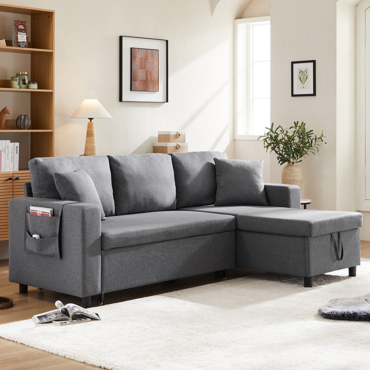 Sofa - L-vormig 3-zits slaapbank met chaiselongue, verborgen opbergruimte, zijvakken & 2 kussens - 219,5x142,5x83 cm - Donkergrijs