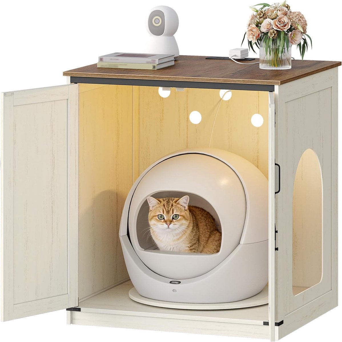Hzuaneri Groot Kattenkastje, 82 cm Inbouw Kattenbakkastje, Bruin-Wit, met Draaibare Lade, Stopcontact en Slot, Geschikt voor Zelfreinigende Kattenbakken, 82 × 70 × 90 cm