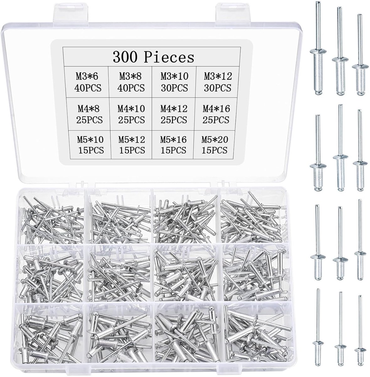 SnelShoppen - 300 stuks Aluminium Blind Rivets, M3, M4, M5, Pop Rivetten, Aluminium Blind Rivetten met Grote Flens, Rivet Set Assortiment voor Metaal,