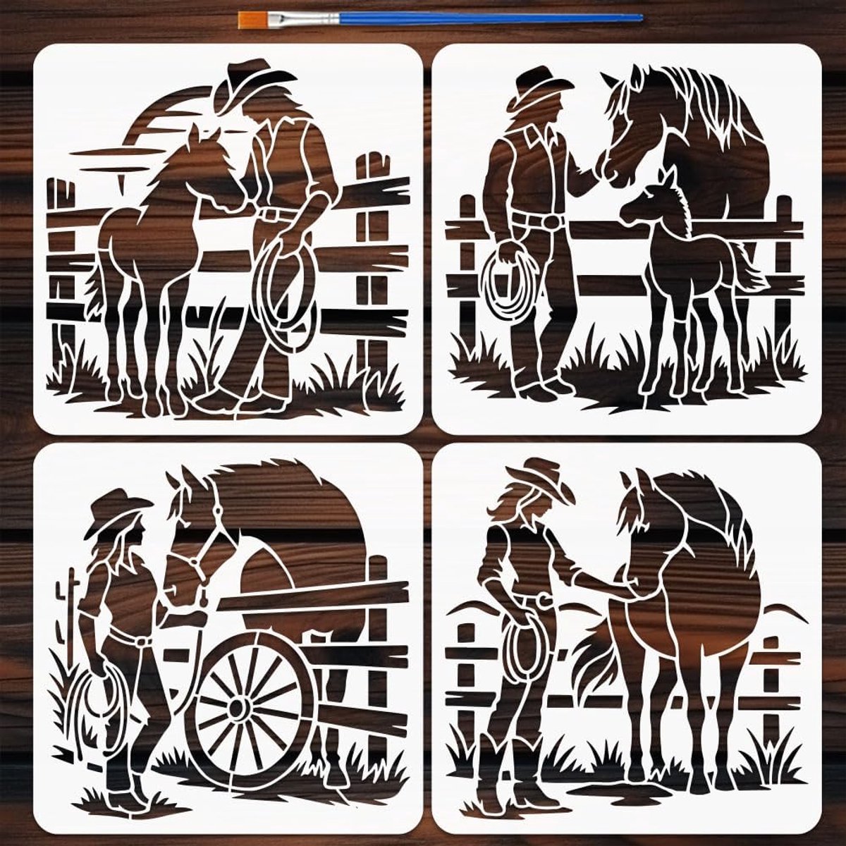 SnelShoppen - 4-delige Western Cowboys Stencils voor Schilderen op Hout, Muren en Meubels met Penseel, Creatieve Sjablonen voor Doe-Het-Zelf Decoratie